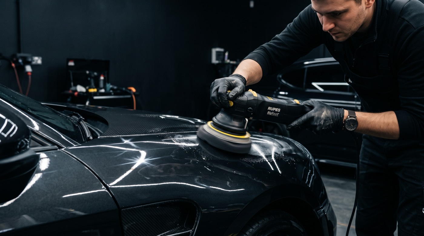 Vakman polijst de lak van een auto met een precisiepolijstmachine